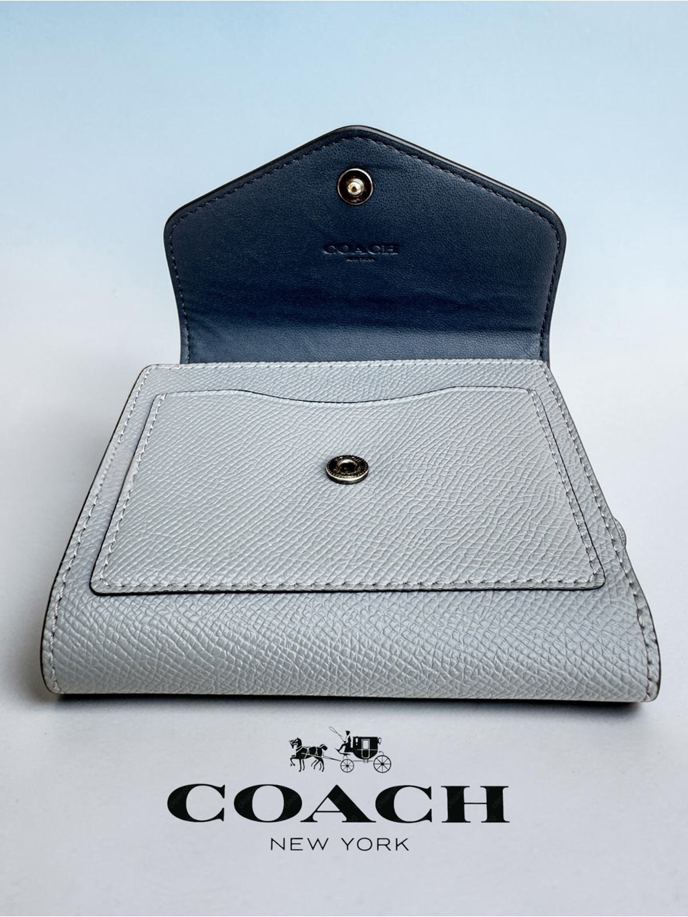 COACH Wyn Small Wallet in Dove Grey and Sky Blue Multi Colorblock. - Picture 8 of 14